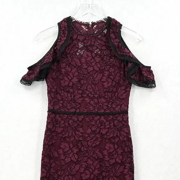 ALEXIS Evie Lace Midi Sheath Dress Womens Small Burgundy Crew Neck Cold Shoulder - Picture 7 of 16